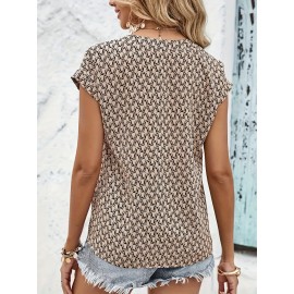 Geometric Print V Neck T-shirt, Casual Versatile Short Sleeve T-shirt For Spring & Summer, Women's Clothing