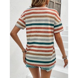 Vintage Striped T-Shirt, V Neck Short Sleeve T-Shirt, Casual Every Day Tops, Women's Clothing