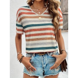 Vintage Striped T-Shirt, V Neck Short Sleeve T-Shirt, Casual Every Day Tops, Women's Clothing