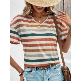 Vintage Striped T-Shirt, V Neck Short Sleeve T-Shirt, Casual Every Day Tops, Women's Clothing