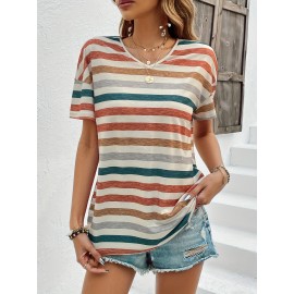 Vintage Striped T-Shirt, V Neck Short Sleeve T-Shirt, Casual Every Day Tops, Women's Clothing