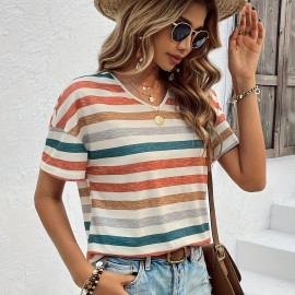 Vintage Striped T-Shirt, V Neck Short Sleeve T-Shirt, Casual Every Day Tops, Women's Clothing