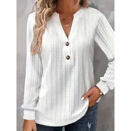 Textured Button Front V Neck T-Shirt, Casual Long Sleeve Top For Spring & Fall, Women's Clothing