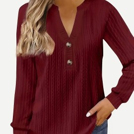 Textured Button Front V Neck T-Shirt, Casual Long Sleeve Top For Spring & Fall, Women's Clothing