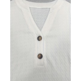 Textured Button Front V Neck T-Shirt, Casual Long Sleeve Top For Spring & Fall, Women's Clothing