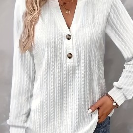 Textured Button Front V Neck T-Shirt, Casual Long Sleeve Top For Spring & Fall, Women's Clothing