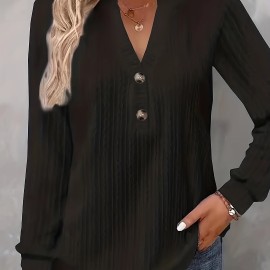 Textured Button Front V Neck T-Shirt, Casual Long Sleeve Top For Spring & Fall, Women's Clothing