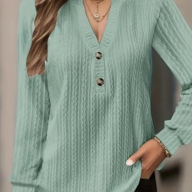 Textured Button Front V Neck T-Shirt, Casual Long Sleeve Top For Spring & Fall, Women's Clothing