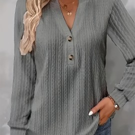 Textured Button Front V Neck T-Shirt, Casual Long Sleeve Top For Spring & Fall, Women's Clothing