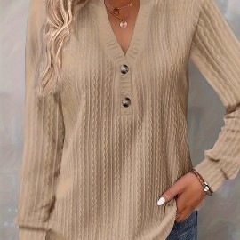 Textured Button Front V Neck T-Shirt, Casual Long Sleeve Top For Spring & Fall, Women's Clothing