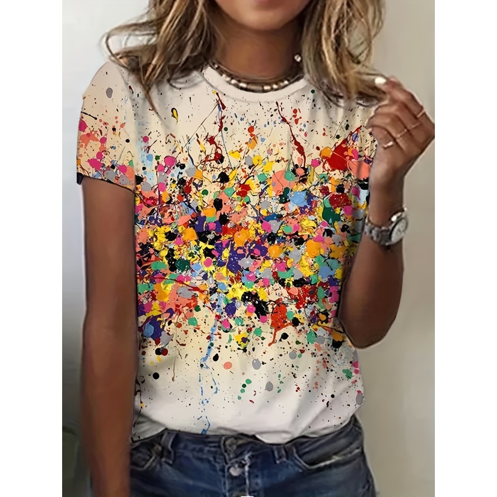 Colorful Abstract Print Crew Neck T-Shirt, Casual Short Sleeve Top For Spring & Summer, Women's Clothing