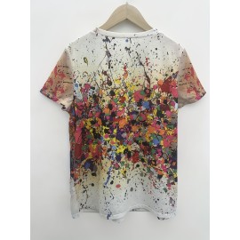 Colorful Abstract Print Crew Neck T-Shirt, Casual Short Sleeve Top For Spring & Summer, Women's Clothing