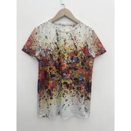 Colorful Abstract Print Crew Neck T-Shirt, Casual Short Sleeve Top For Spring & Summer, Women's Clothing