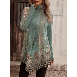 Floral Print Turtleneck T-Shirt, Casual Long Sleeve Top For Spring & Fall, Women's Clothing