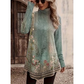 Floral Print Turtleneck T-Shirt, Casual Long Sleeve Top For Spring & Fall, Women's Clothing