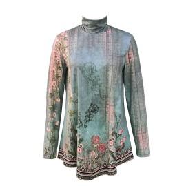 Floral Print Turtleneck T-Shirt, Casual Long Sleeve Top For Spring & Fall, Women's Clothing