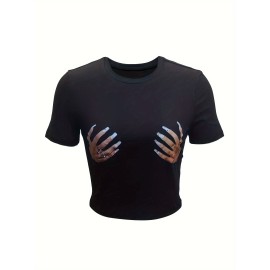 Hands Print Crop T-Shirt, Casual Crew Neck Short Sleeve Top For Summer, Women's Clothing