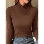 Solid Mock Neck T-Shirt, Casual Long Sleeve Top For Fall & Winter, Women's Clothing