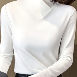 Solid Mock Neck T-Shirt, Casual Long Sleeve Top For Fall & Winter, Women's Clothing