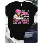 Anime & Letter Print Crew Neck T-Shirt, Casual Short Sleeve Top For Spring & Summer, Women's Clothing