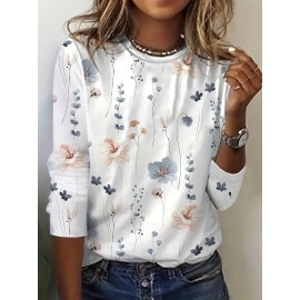 Floral Print Crew Neck T-shirt, Casual Long Sleeve T-shirt For Spring & Summer, Women's Clothing