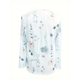 Floral Print Crew Neck T-shirt, Casual Long Sleeve T-shirt For Spring & Summer, Women's Clothing