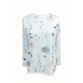 Floral Print Crew Neck T-shirt, Casual Long Sleeve T-shirt For Spring & Summer, Women's Clothing