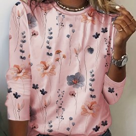 Floral Print Crew Neck T-shirt, Casual Long Sleeve T-shirt For Spring & Summer, Women's Clothing