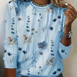 Floral Print Crew Neck T-shirt, Casual Long Sleeve T-shirt For Spring & Summer, Women's Clothing