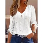 Eyelet V Neck Button T-Shirt, Casual Ruched Drawstring Long Sleeve T-Shirt, Women's Clothing