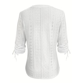 Eyelet V Neck Button T-Shirt, Casual Ruched Drawstring Long Sleeve T-Shirt, Women's Clothing