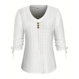 Eyelet V Neck Button T-Shirt, Casual Ruched Drawstring Long Sleeve T-Shirt, Women's Clothing