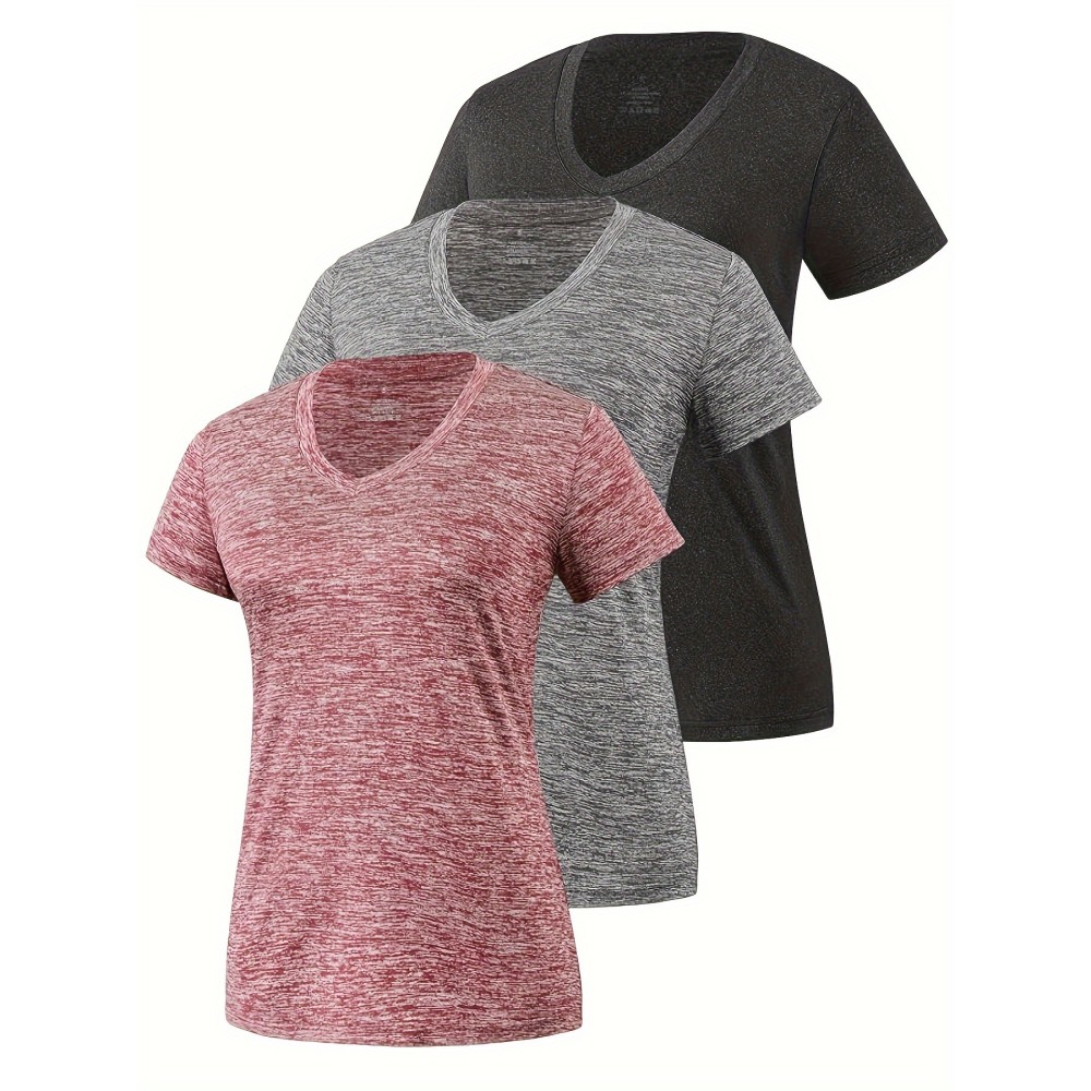 3 Packs Solid Color V Neck T-shirt, Casual Short Sleeve High Stretch T-Shirt For Summer, Women's Clothing