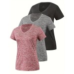 3 Packs Solid Color V Neck T-shirt, Casual Short Sleeve High Stretch T-Shirt For Summer, Women's Clothing