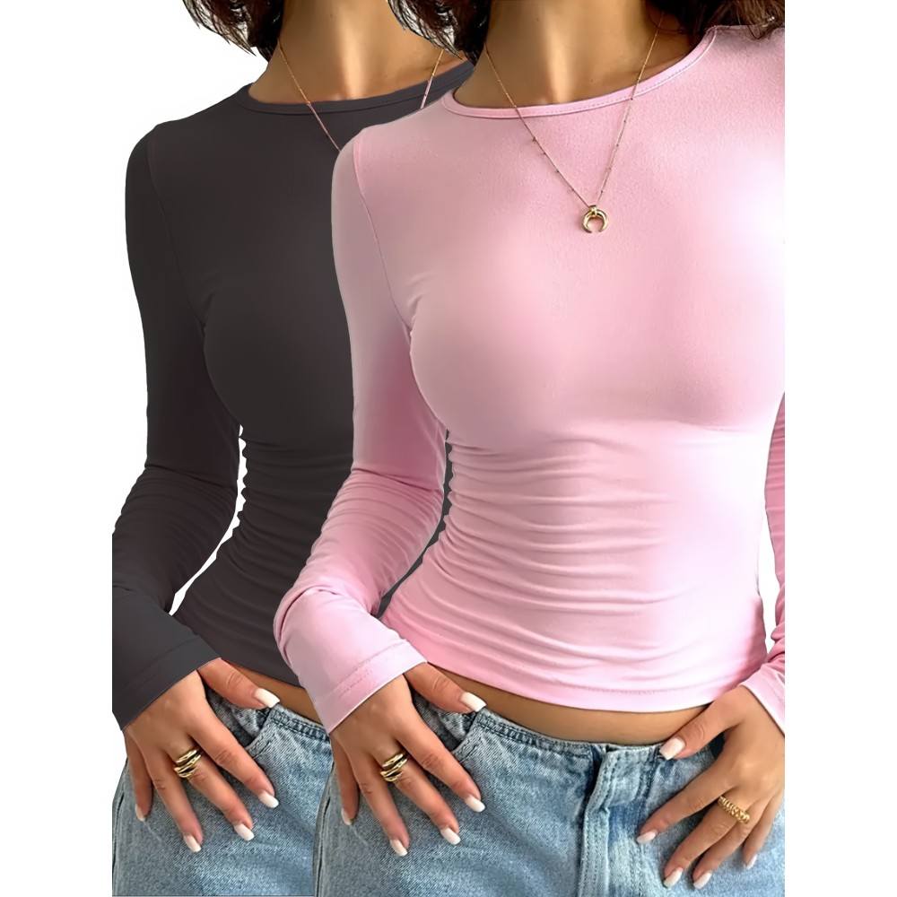 2 Packs Solid T-shirts, Casual Long Sleeve Crew Neck Slim T-shirt, Women's Clothing