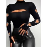 Cutout Rhinestone Mock Neck T-Shirt, Casual Long Sleeve Top For Spring & Fall, Women's Clothing