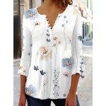 Floral Print Button Front T-shirt, Casual Flared Sleeve Top For Spring & Fall, Women's Clothing