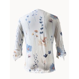 Floral Print Button Front T-shirt, Casual Flared Sleeve Top For Spring & Fall, Women's Clothing