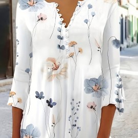 Floral Print Button Front T-shirt, Casual Flared Sleeve Top For Spring & Fall, Women's Clothing