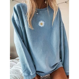 Drop Shoulder Floral Print T-Shirt, Casual Crew Neck Long Sleeve T-Shirt For Spring & Fall, Women's Clothing