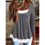 2 In 1 Color Block Button Front T-Shirt, Casual Long Sleeve T-Shirt For Spring & Fall, Women's Clothing