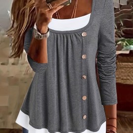 2 In 1 Color Block Button Front T-Shirt, Casual Long Sleeve T-Shirt For Spring & Fall, Women's Clothing