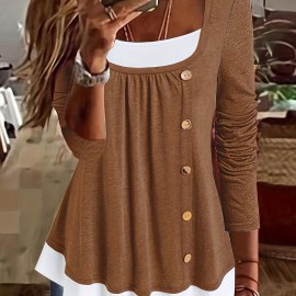 2 In 1 Color Block Button Front T-Shirt, Casual Long Sleeve T-Shirt For Spring & Fall, Women's Clothing