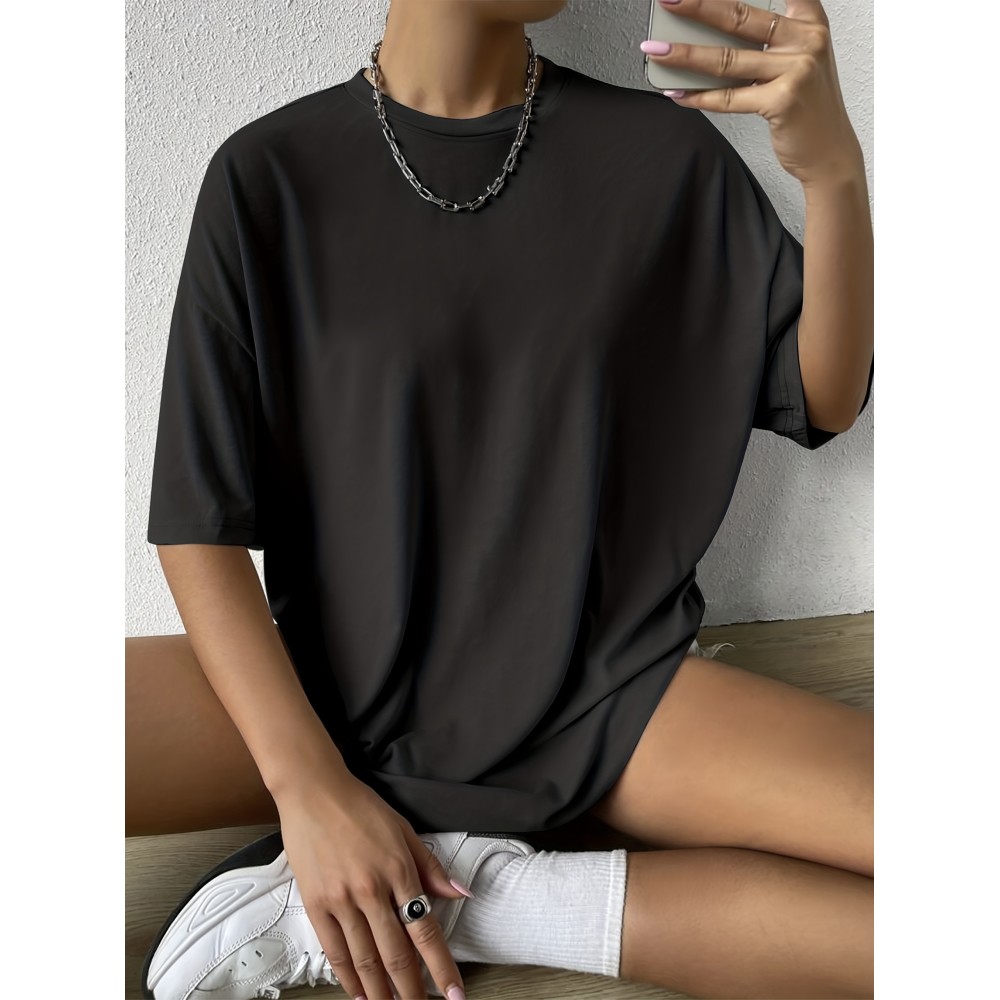 Solid Oversized T-shirt, Casual Crew Neck Short Sleeve T-shirt, Women's Clothing