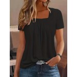 Square Neck Tucked T-Shirt, Casual Short Sleeve T-Shirt For Spring & Summer, Women's Clothing