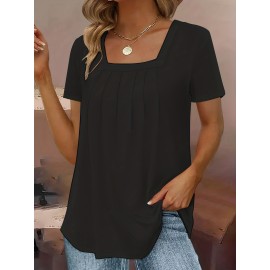 Square Neck Tucked T-Shirt, Casual Short Sleeve T-Shirt For Spring & Summer, Women's Clothing