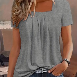 Square Neck Tucked T-Shirt, Casual Short Sleeve T-Shirt For Spring & Summer, Women's Clothing