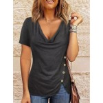 Button Decor Cowl Neck T-Shirt, Casual Short Sleeve Top For Spring & Summer, Women's Clothing