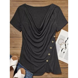 Button Decor Cowl Neck T-Shirt, Casual Short Sleeve Top For Spring & Summer, Women's Clothing