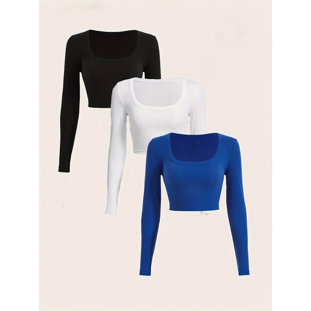 3 Packs Ribbed Square Neck Crop T-Shirts, Casual Long Sleeve Top For Spring & Fall, Women's Clothing